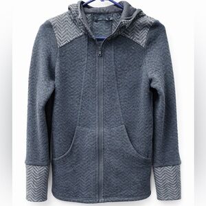 Prana Women’s XS Gray Full Zip Hooded Jacket Herringbone Panels Thumbholes